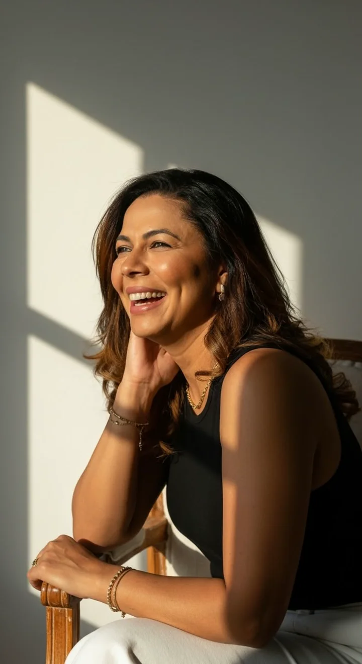 Márcia Sampaio sorrindo, iluminada pela luz da manhã